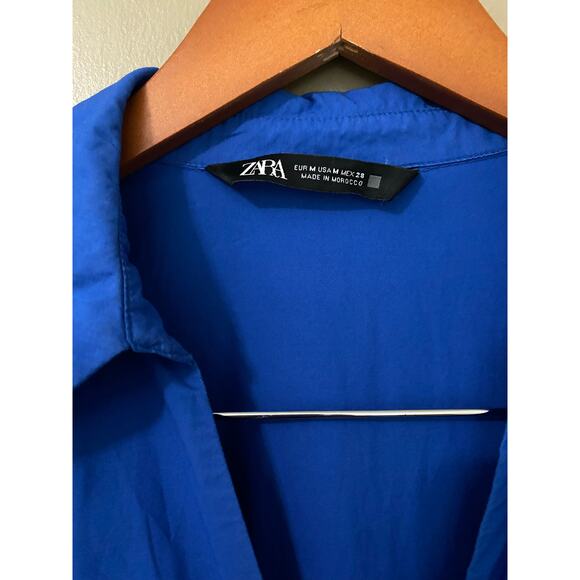 Zara Cotton Poplin Midi Dress Medium Cobalt Royal Blue Collared Tiered Preppy - Picture 8 of 12